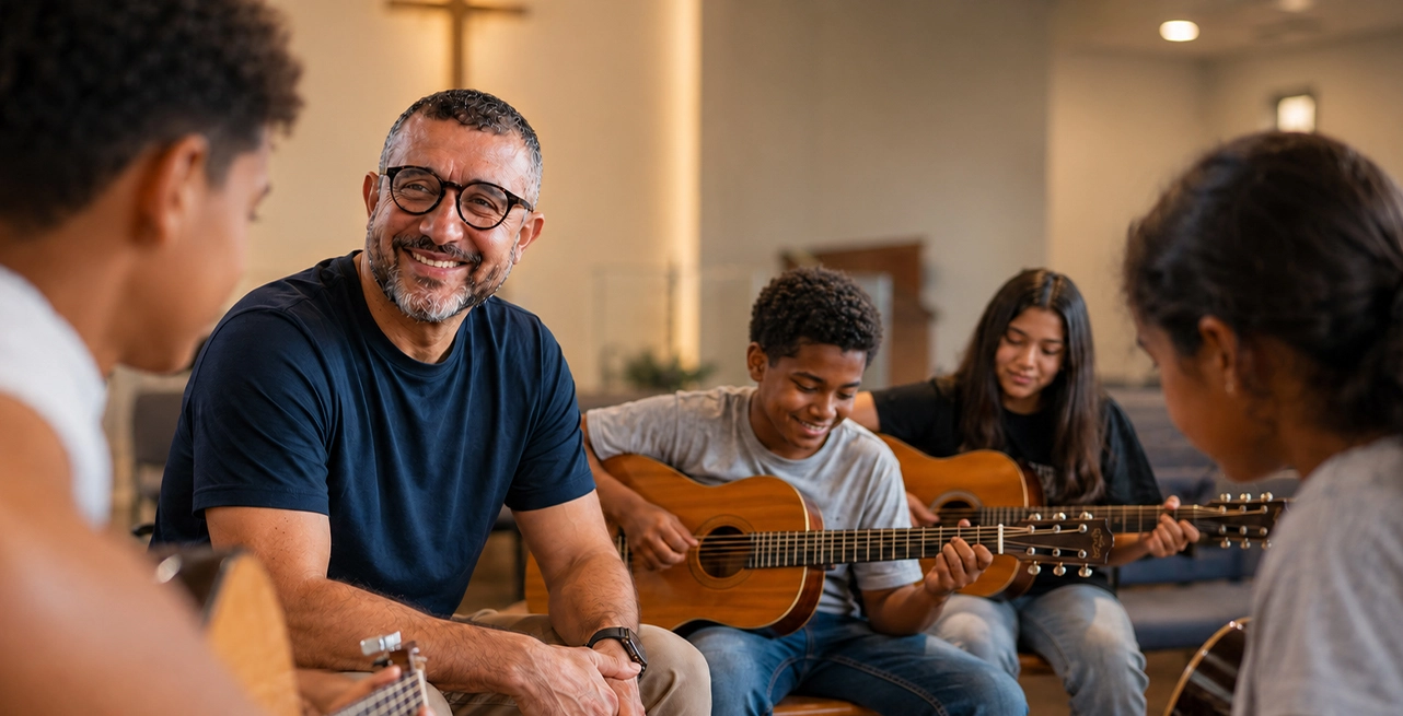 Crianças na aula de violão. Deputado Orlando Jr. no centro.
